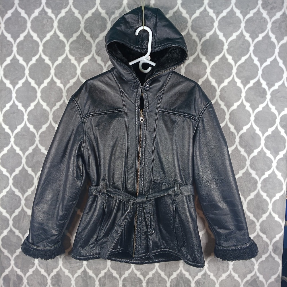 Wilsons Leather Coat Women L Black Genuine Leather Faux Fur Lined Hooded Belted